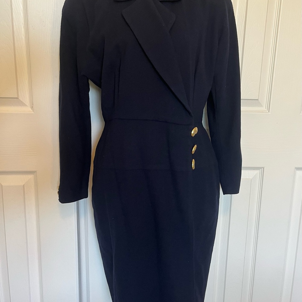 Jones New York 100% Wool Navy Jacket Dress with Gold Buttons